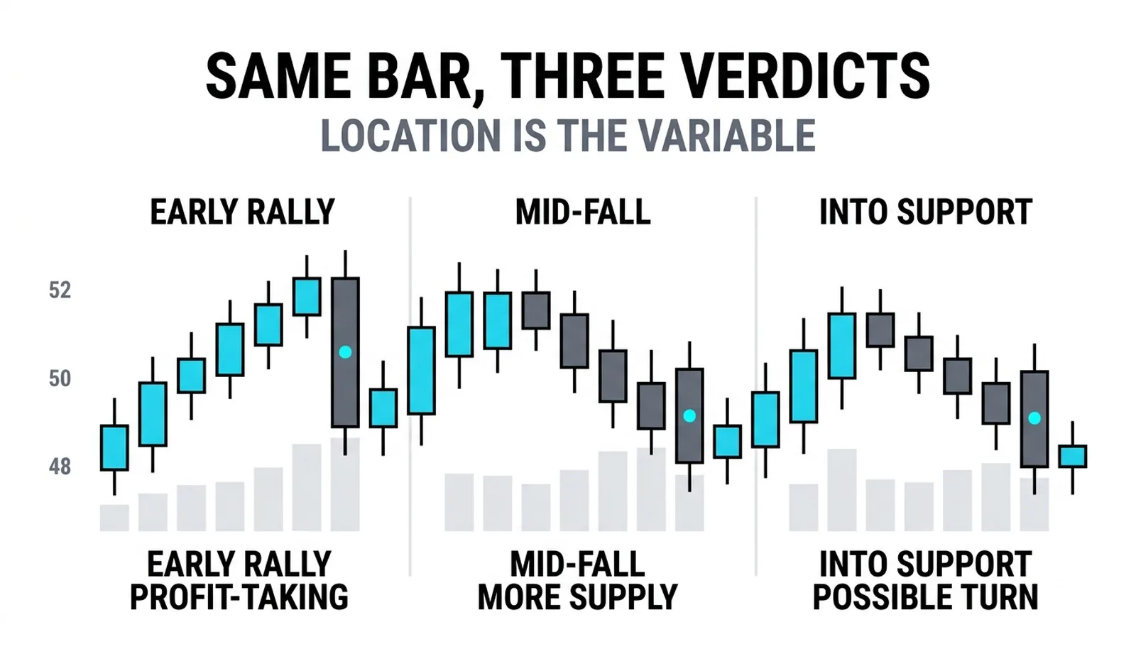 Three identical heavy down bars at three trend locations with three verdicts