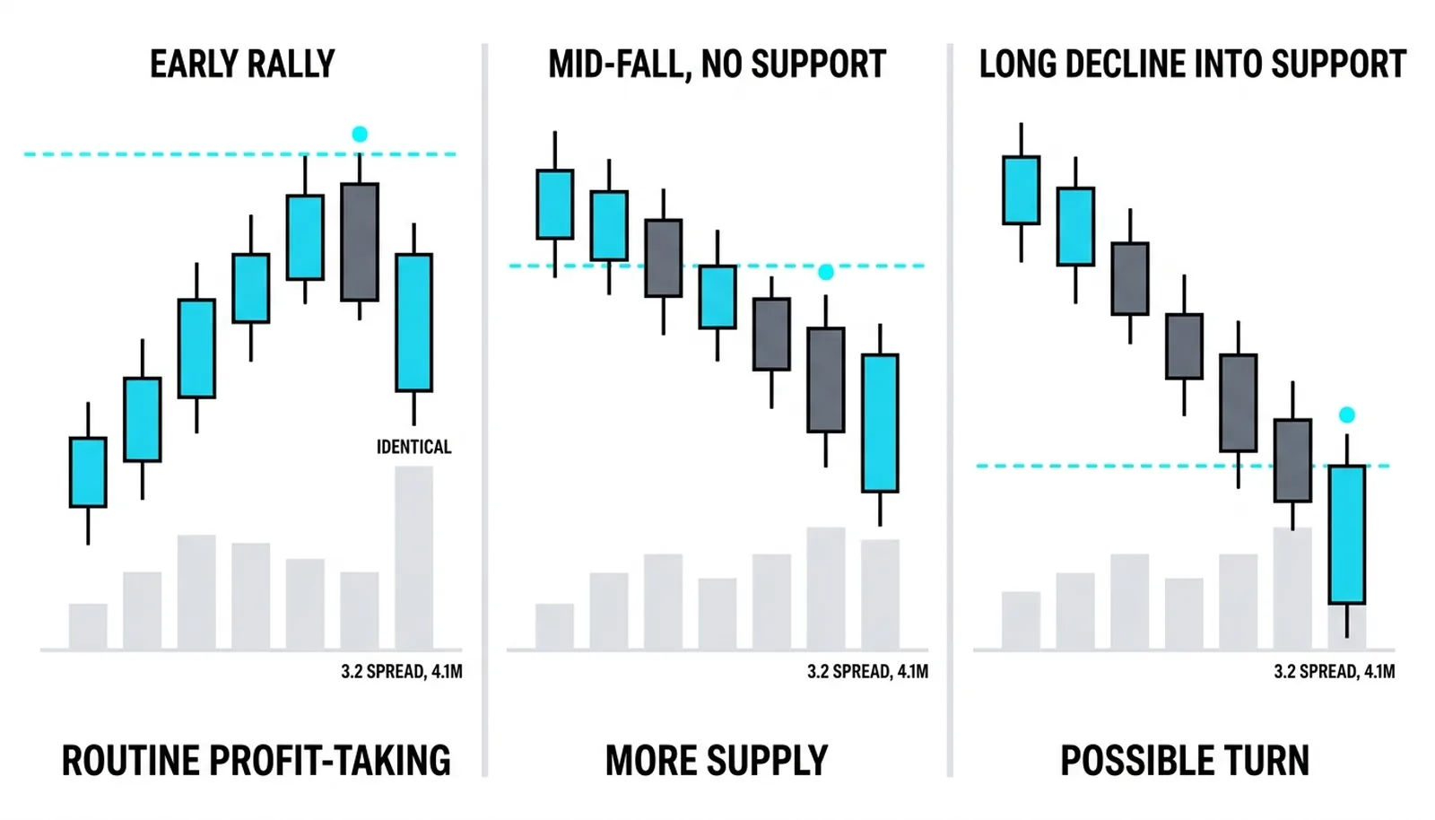 The same 3.2-point 4.1M bar read as profit-taking, more supply, and possible turn