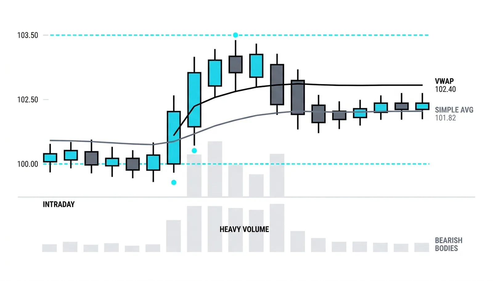 VWAP 102.40 sitting with the heavy trade above the simple average at 101.82