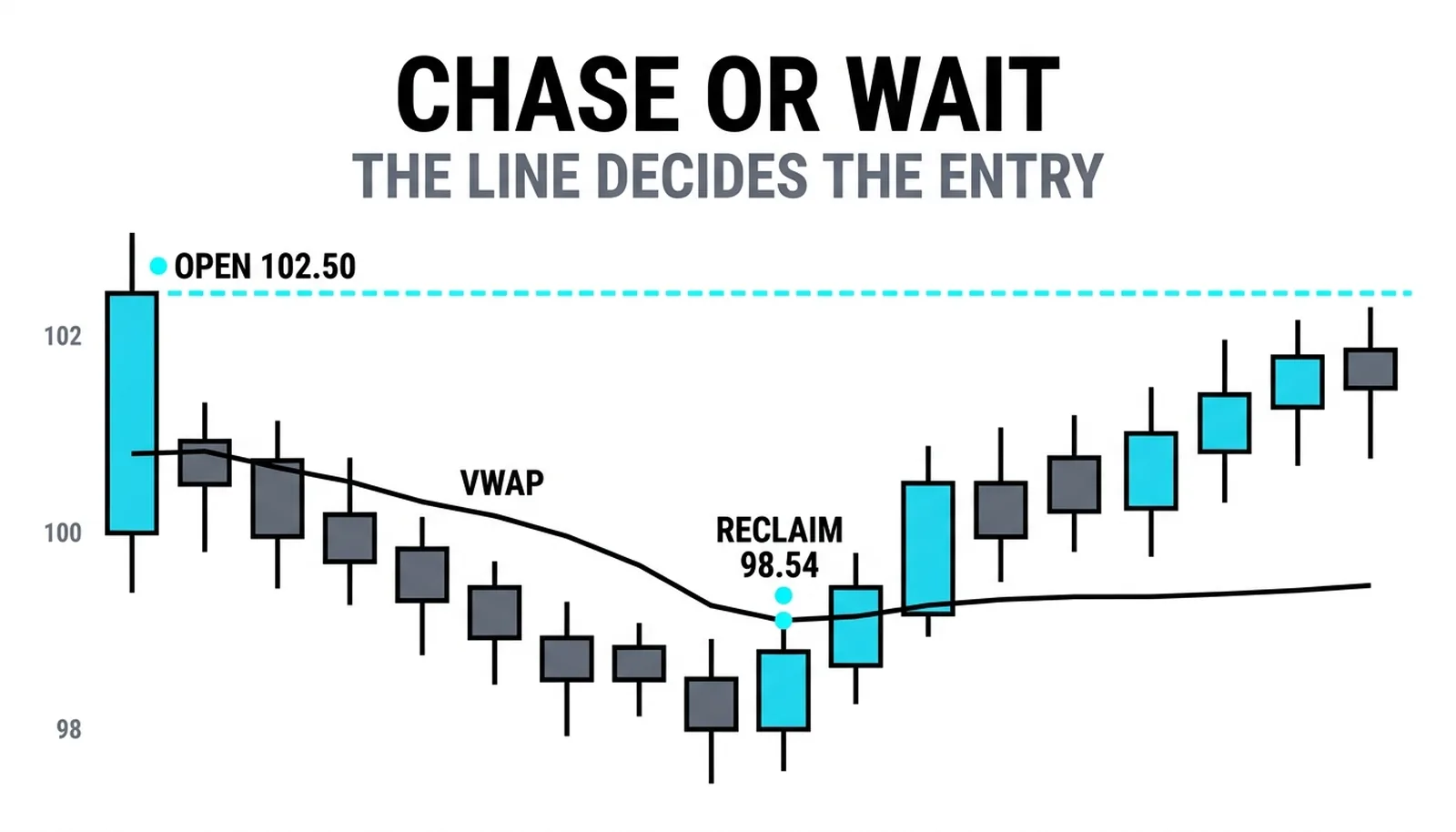 The 102.50 gap open fading under VWAP to the 98.54 reclaim, the recovery paying the patient entry