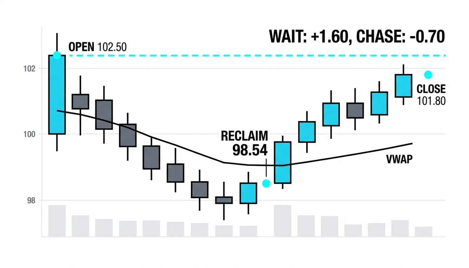 Open 102.50, reclaim 98.54, close 101.80: wait made 1.60, chase lost 0.70