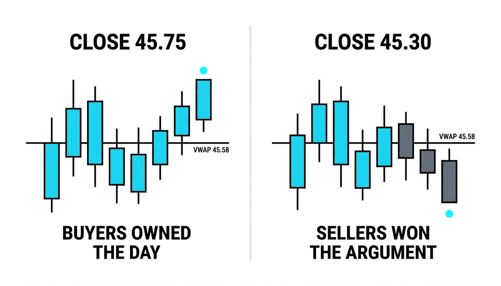 Two verdicts from one line: a close at 45.75 against a 45.58 VWAP belongs to the buyers, and a close at 45.30 against 45.56 belongs to the sellers