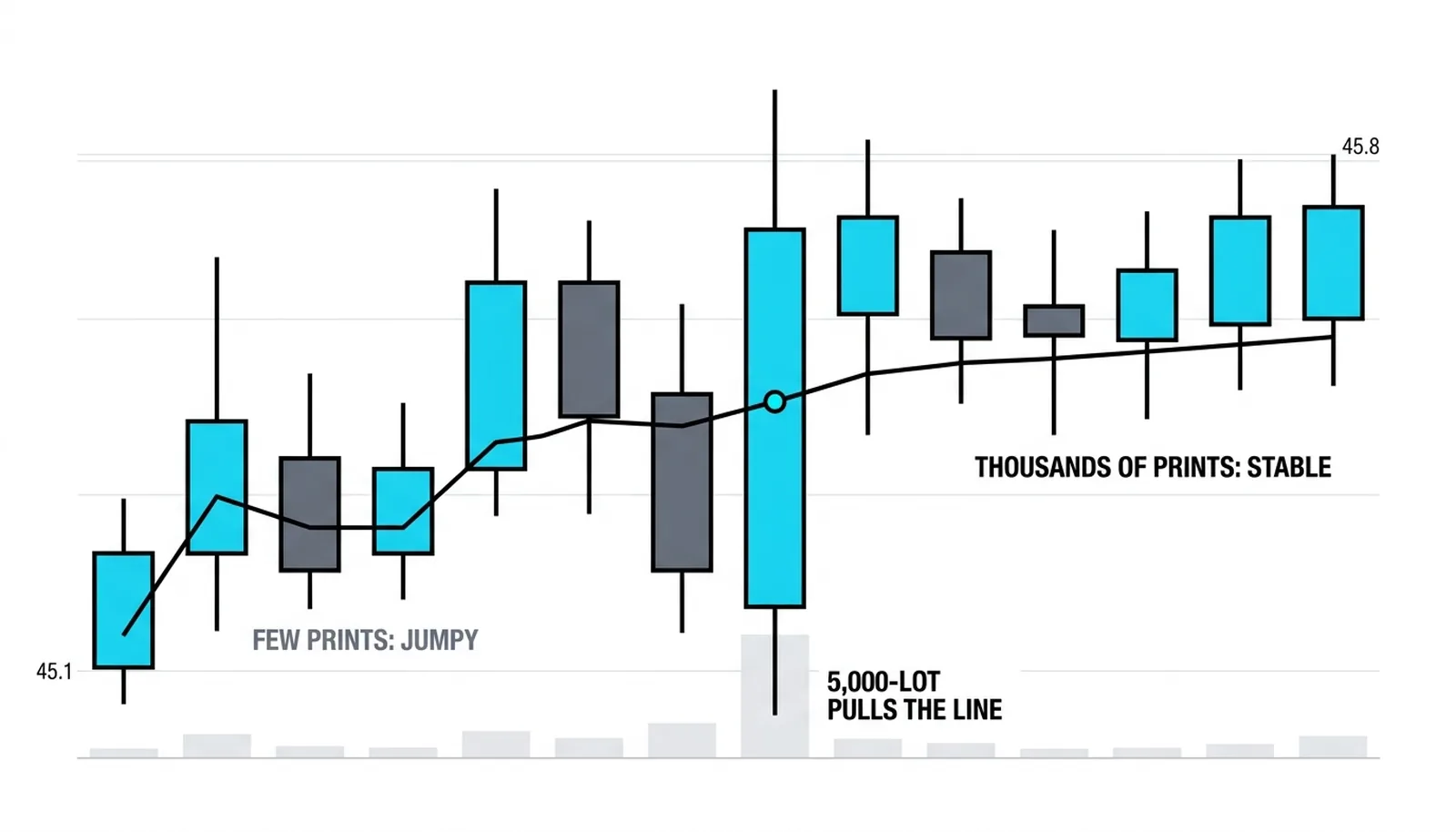 The running average sharpening through one session: each heavy print pulls VWAP toward the prices where business actually happened