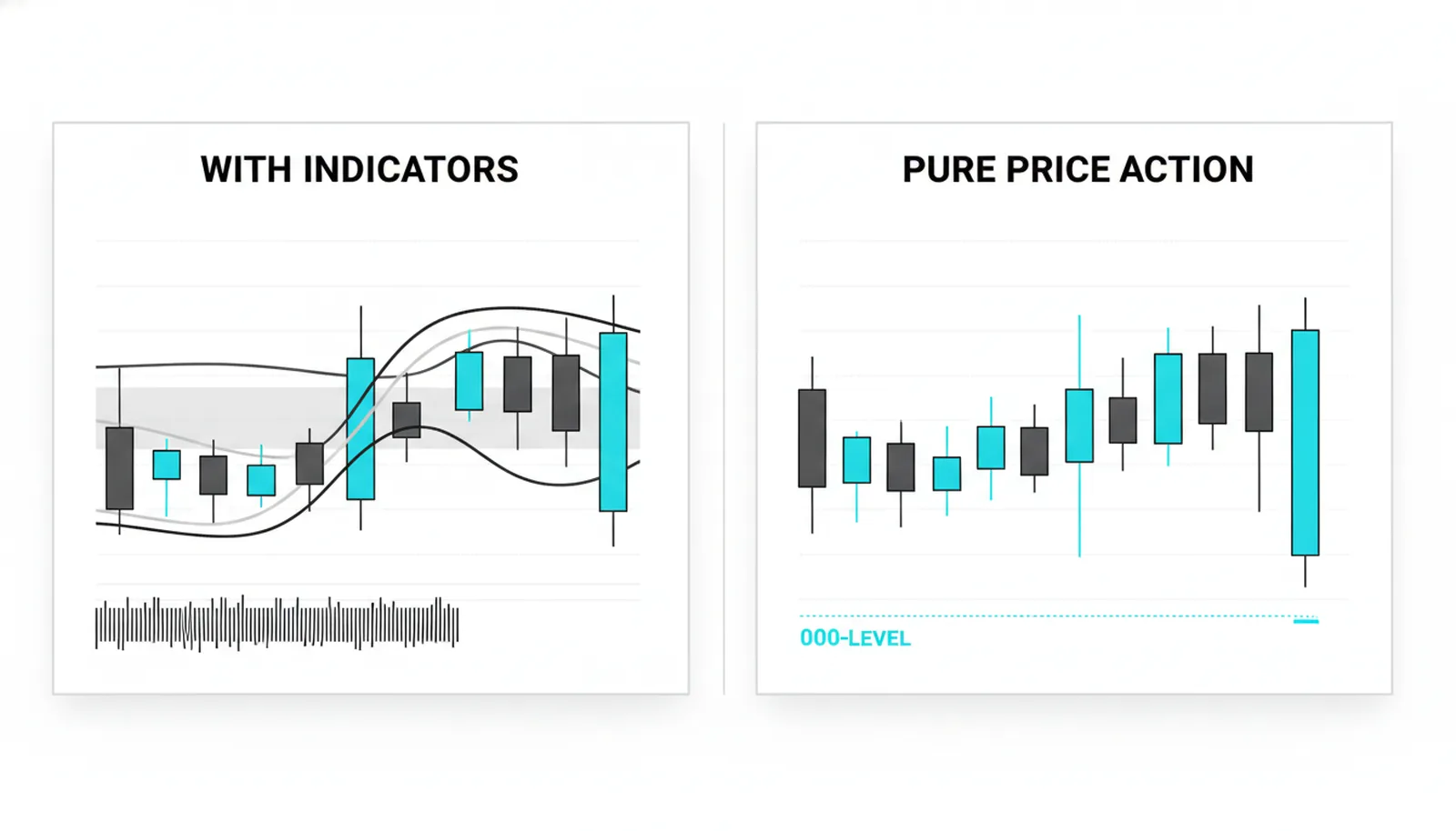 The same candlestick chart twice: one buried under moving averages, an oscillator and a trend ribbon, one pure price action with a single key level