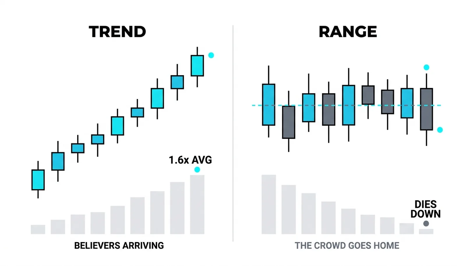 Two volume bar panels: the trend phase expands to about 1.6 times its earlier average while the range phase dies down