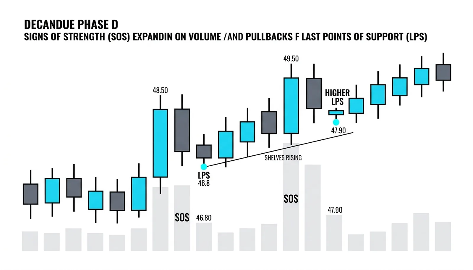 Two SOS rallies on expanding volume with LPS shelves rising 46.8 to 47.9