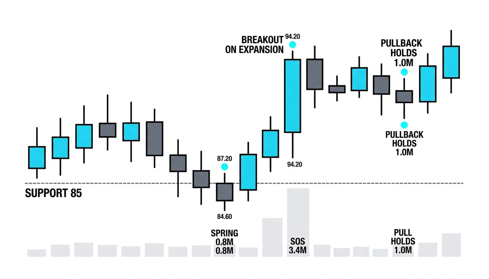 The spring 0.8M, the SOS breakout 3.4M, and the pullback holding 92.1 on 1.0M
