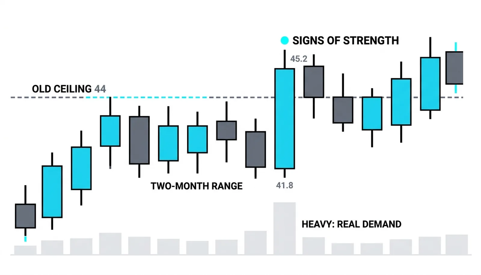 A two-month range topping at 44: the sign of strength bar opens at 41.8, spreads 3.4 points up through the old ceiling, and closes near its high on heavy volume