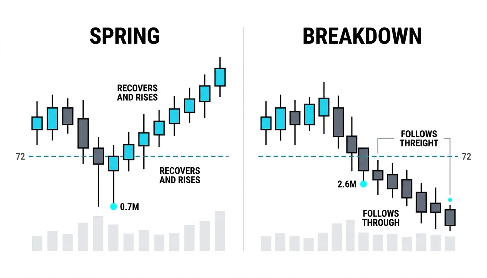 The same poke two ways: on the left a quiet 0.7 million share probe recovers above the floor and rises, on the right a 2.6 million share breakdown follows through