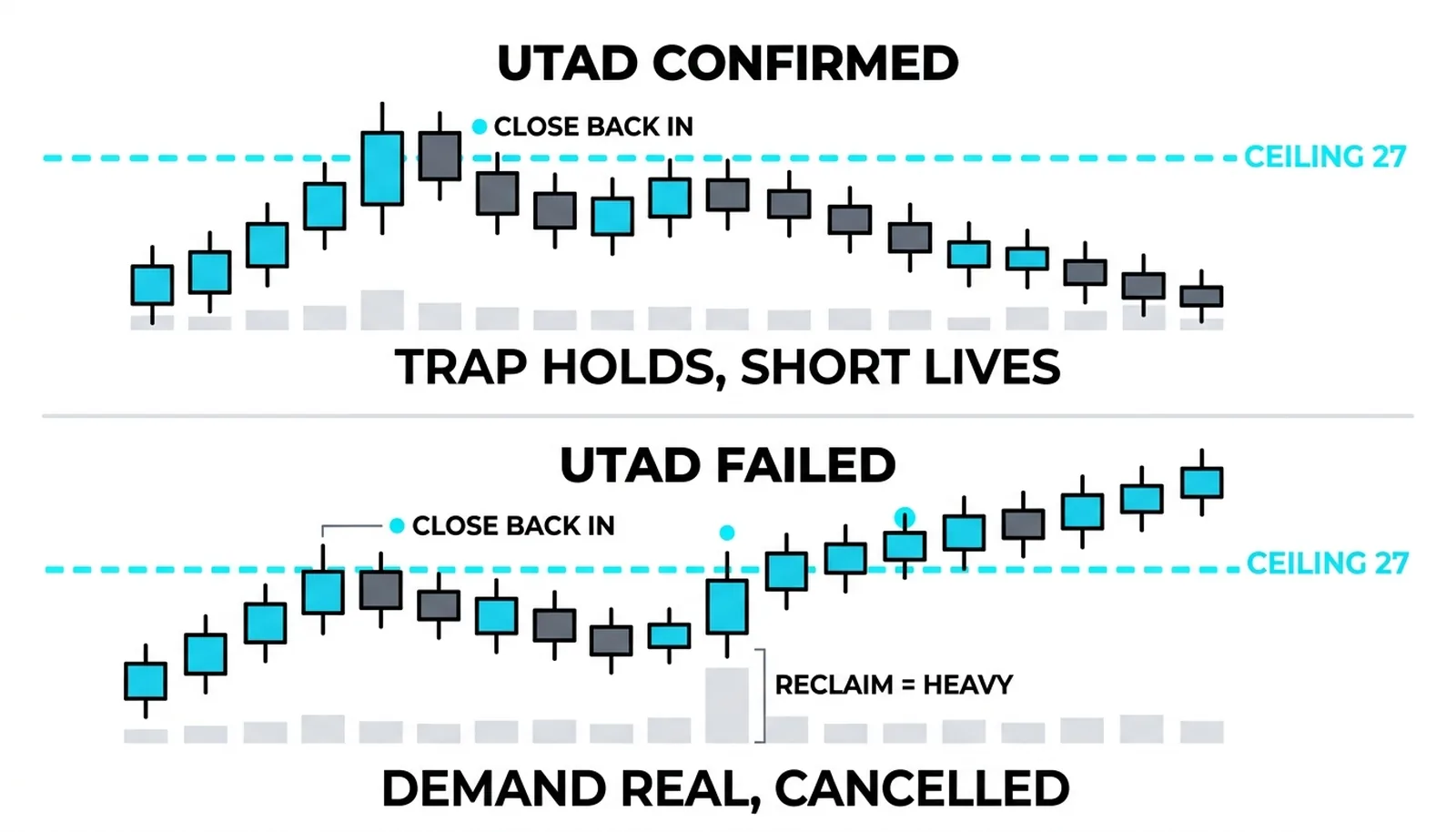 Confirmed trap beside the failed UTAD reclaimed on heavy volume